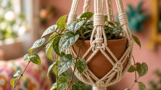 Detailed close up of a handmade macrame plant hanger showcasing intricate knotted fiber textures and patterns, holding a small ceramic pot with lush green trailing vines cascading down