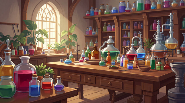 This vibrant image showcases a potion lab filled with colorful bottles, flasks, and plants, creating a magical and inviting atmosphere ideal for creative projects.