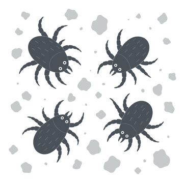 Stylized dust mites and microscopic allergen pests depicted in a flat vector illustration representing household dust, bed bugs, ticks, and allergy triggers