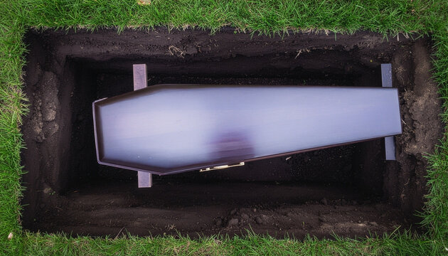High angle view of a wooden coffin inside an open grave surrounded by green grass at a cemetery, solemn burial funeral service concept background with dark soil inside the plot.