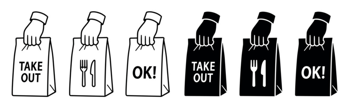 Takeout food paper bag icons with hand holding them, featuring outline and solid vector designs for delivery, restaurant pickup, and online ordering services