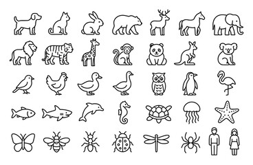 Fototapeta premium Animal and insect line icons featuring various wild animals, domestic pets, birds, sea creatures, and insects in a clean minimalist style