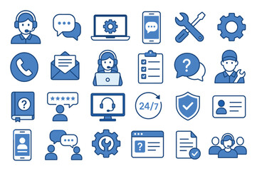 Fototapeta premium Customer service and technical support icon set featuring blue line symbols for call center assistance, online helpdesk, customer care, maintenance, and communication