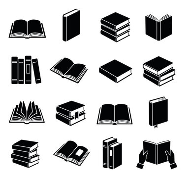 Black book icons set for education and reading design elements including open books, stacked textbooks, and literature symbols