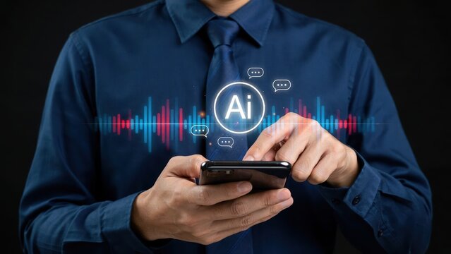 Businessman using a smartphone with artificial intelligence and voice sound wave graphics on dark background. Ideal for modern communication and AI technology concepts.