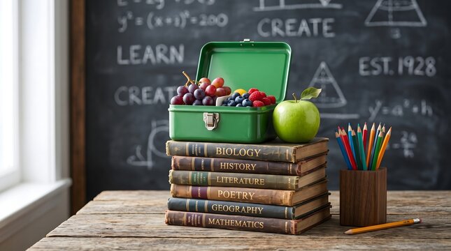 School lunch box with fresh fruit on a stack of vintage books in a classroom setting