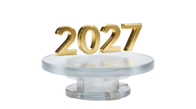 Golden numbers for the year two thousand twenty seven presented on a clear pedestal with an elegant design ideal for new year festivities isolated