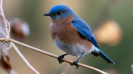 Naklejka premium A small bluebird with orange breast perched on a thin branch against a softly blurred natural background