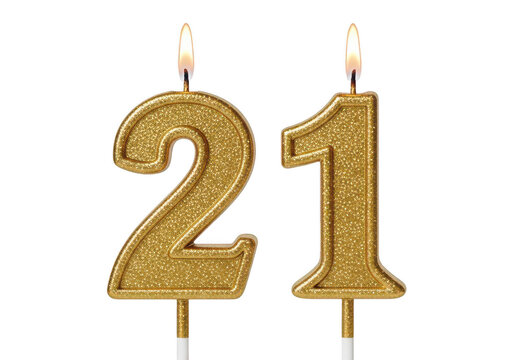 Celebration with twenty-one golden candles on a cake isolated on transparent background png