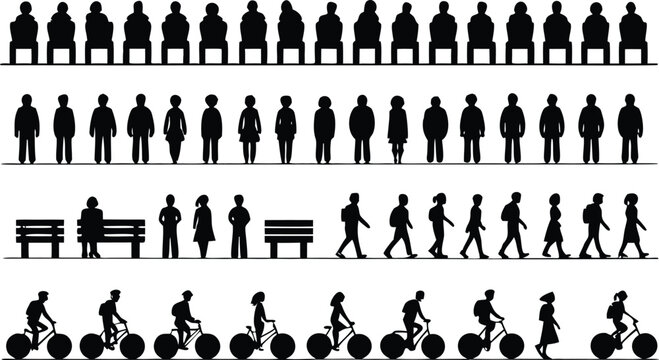 Set of black silhouettes, people sitting, standing, walking, cycling