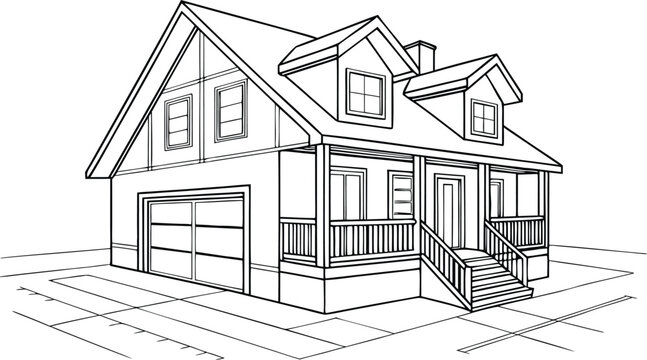 Black and white line of a suburban house with a garage home