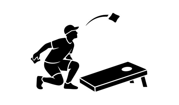 Dynamic cornhole game player and target board black silhouette vector sports symbol