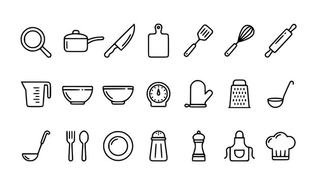 Cooking kitchen outline icon set with editable thin strokes featuring utensils cookware and food preparation symbols
