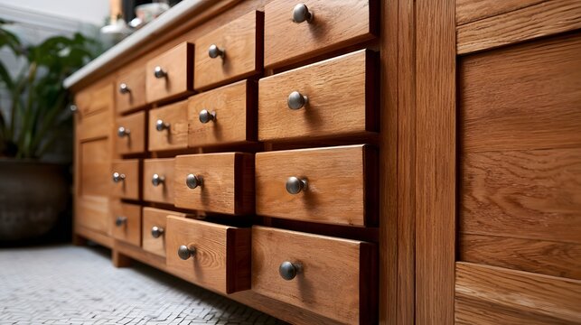 Close up of wooden drawers with metal knobs on a cabinet in a warmly lit interior space with a potted plant nearby