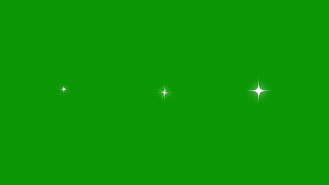 Sparkling star twinkle glitter white cartoon doodle animation, flat vector blinking shining light twinkling effect glowing on green screen background, starry sky 4K.