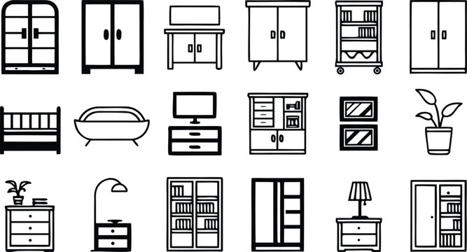 Collection of black and white line featuring household furniture home