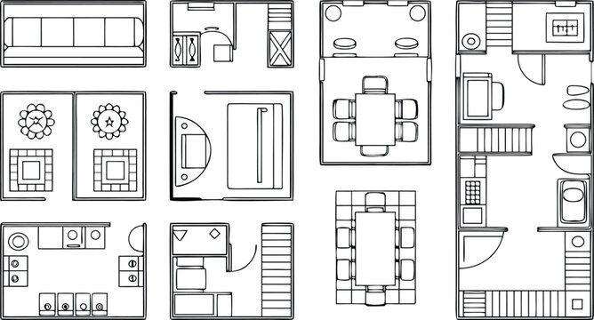 Collection of architectural floor plan layouts, view blueprints house