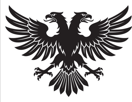 Black and white of a double-headed eagle with spread wings and sharp talons, isolated heraldic symbol