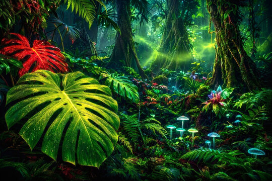 Enchanting tropical jungle with glowing bioluminescent mushrooms and vibrant neon green monstera leaves background