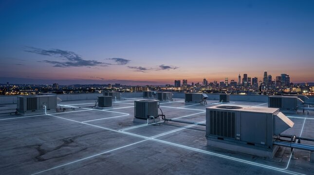 Smart building rooftop with connected HVAC units overlooking city skyline at dusk