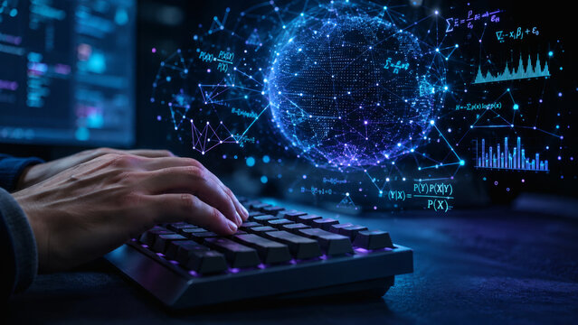 IT engineer typing on laptop with floating 3D cloud server security hologram