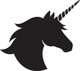Fototapeta premium Black silhouette of a unicorn head profile with a long spiraled horn and flowing mane animal fantasy