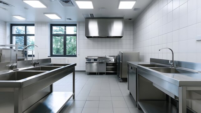 Modern commercial kitchen with stainless steel sinks  cooking equipment  and large letting in natural light