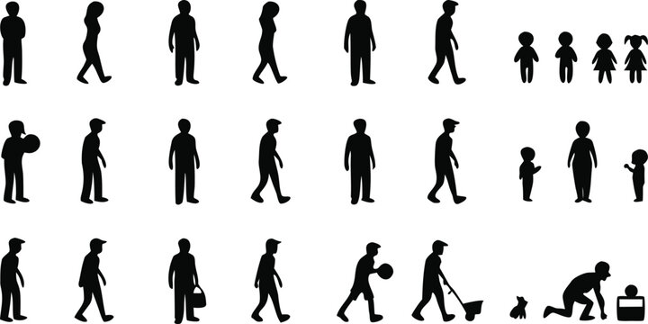 Collection of black silhouettes of people in various poses and actions