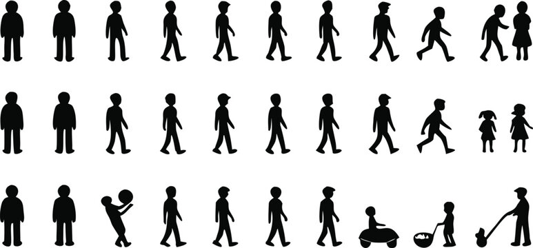 Collection of black silhouettes of people in various walking poses