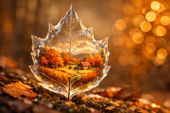 Macro glass leaf containing an autumn landscape with golden bokeh for fall background and seasonal wallpaper design