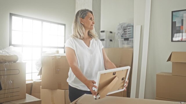 Blonde middle aged woman holding a picture frame and arranging packed cardboard boxes and supplies in a bright indoor moving scene building; home transition nostalgia.