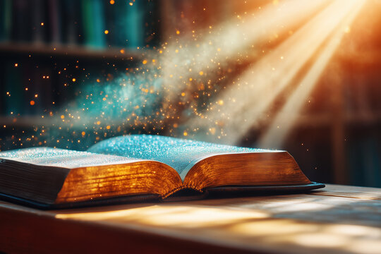Open magic book lying on a wooden table with glowing golden sparks and light beams streaming down in a library background.