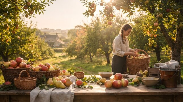 Early Autumn Apple Harvest in Sunlit Countryside Orchard