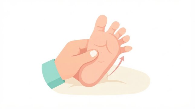 A hand gently stimulates the foot of a newborn to observe the Babinski reflex in the first year of development at a pediatric checkup.