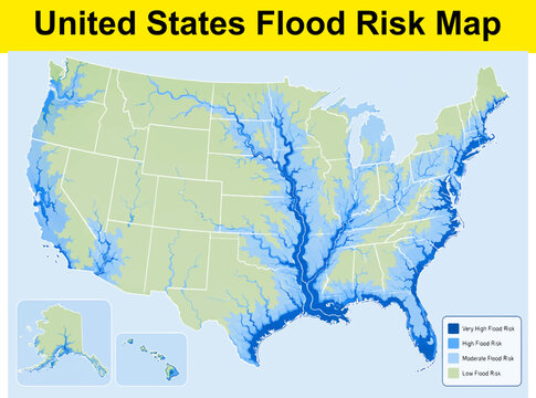 United states flood risk map with blue gradient layers showing water hazard zones across regions.