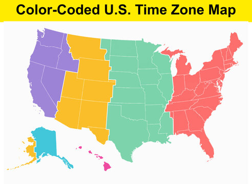 Color coded US time zone map with distinct vertical bands representing different regional clock times.