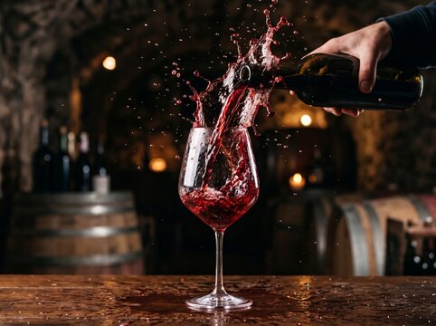 Elegant red wine being poured into a glass in a cellar.