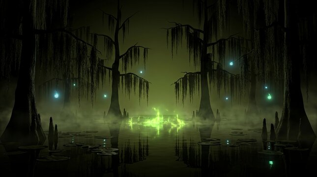 Spooky swamp landscape at night with glowing lights and dark trees