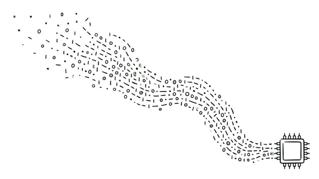 Black-and-white dot matrix illustration of a curved path connecting to a USB plug symbolizing data flow or connectivity.