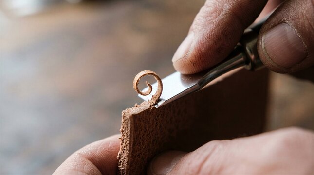 Leather Worker Skiving Edge of Tanned Leather Piece with Skiving Chisel - Leather Crafting Concept