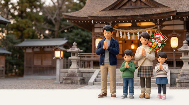 神社の本殿前で熊手を持ち手を合わせお参りする家族の3Dイラスト
