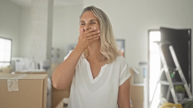 Woman with blonde hair covering mouth with hand beside stacked moving boxes in a bright residential building room; exhaustion.