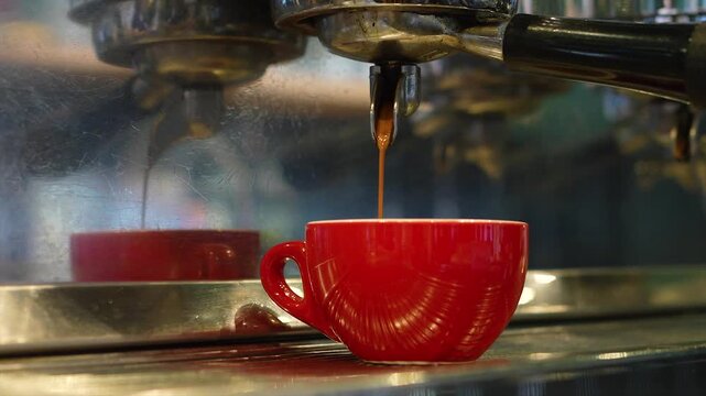 Fresh espresso from coffee machine pouring into coffee cup