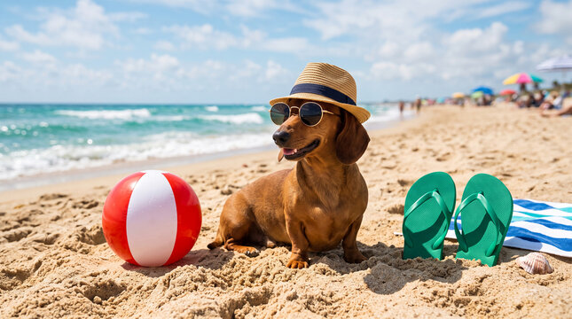 A dachshund wearing sunglasses and a straw hat sits on a sandy beach next to a red and white ball, representing vacation and relaxation.