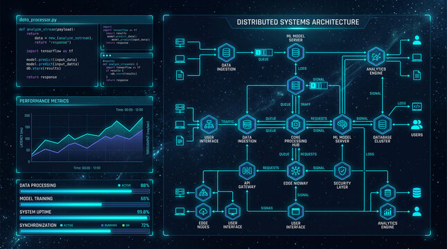 Abstract illustration of distributed system architecture with data flow, code snippets, and performance metrics, symbolizing tech infrastructure and digital operations