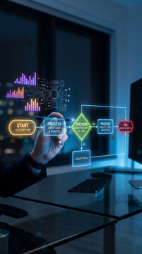 A hand draws a glowing flowchart of a data analysis process, symbolizing digital transformation, business strategy, and technology implementation