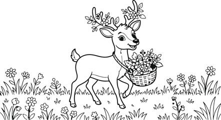 Fototapeta premium Vintage engraving of two deer standing in a field of wildflowers and lush vegetation