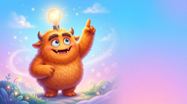 A fuzzy orange creature with a lightbulb on its head stands on a grassy hill, pointing upwards, symbolizing a bright idea or inspiration.