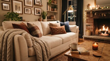 Fototapeta premium Cozy living room interior with fireplace and comfortable sofa