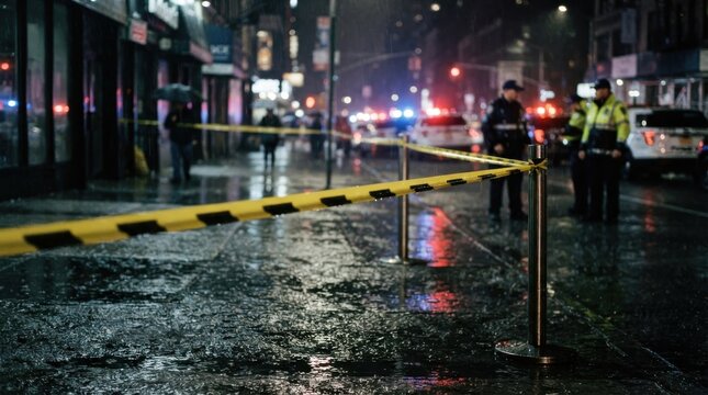 Police officers and yellow caution tape cordoning off a wet city street at night